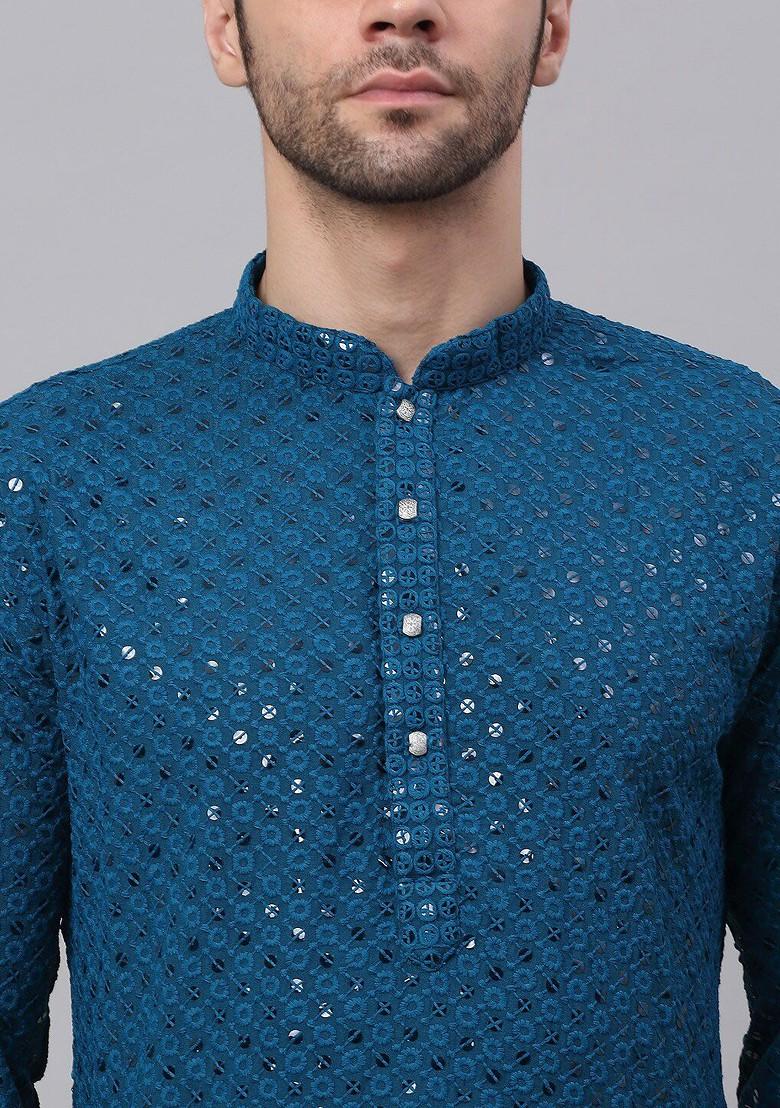Blue Embroidered Poly Blend Kurta Set For Men