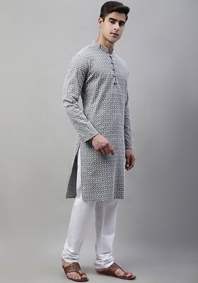 Grey Embroidered Poly Blend Kurta Set For Men