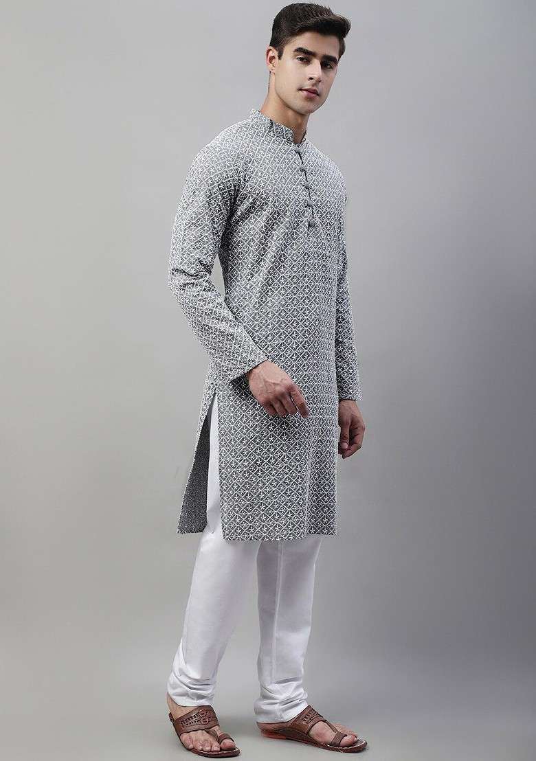 Grey Embroidered Poly Blend Kurta Set For Men - Indya