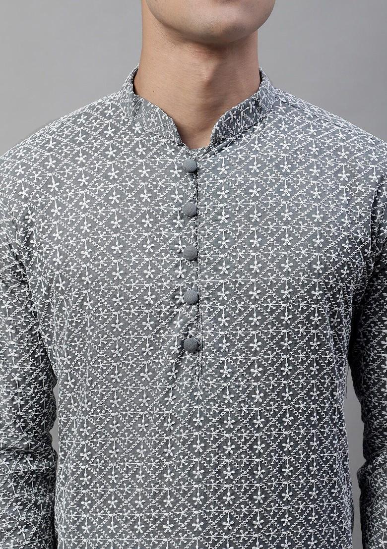 Grey Embroidered Poly Blend Kurta Set For Men