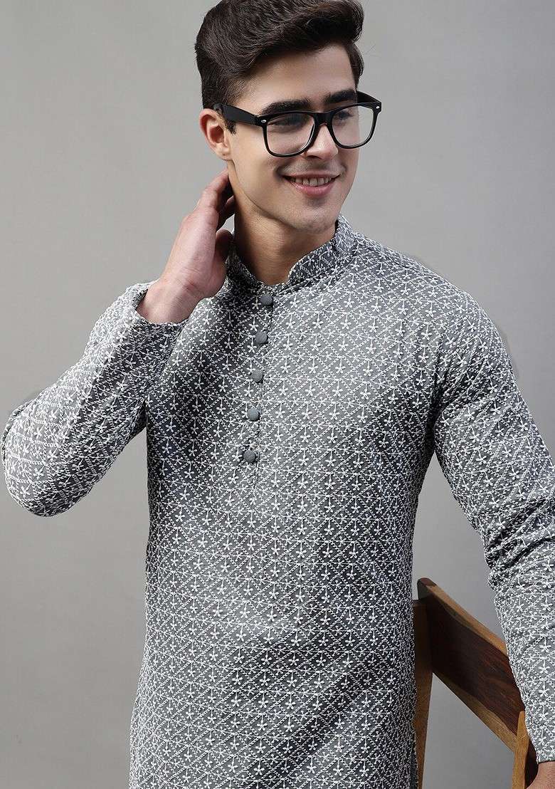 Grey Embroidered Poly Blend Kurta Set For Men - Indya