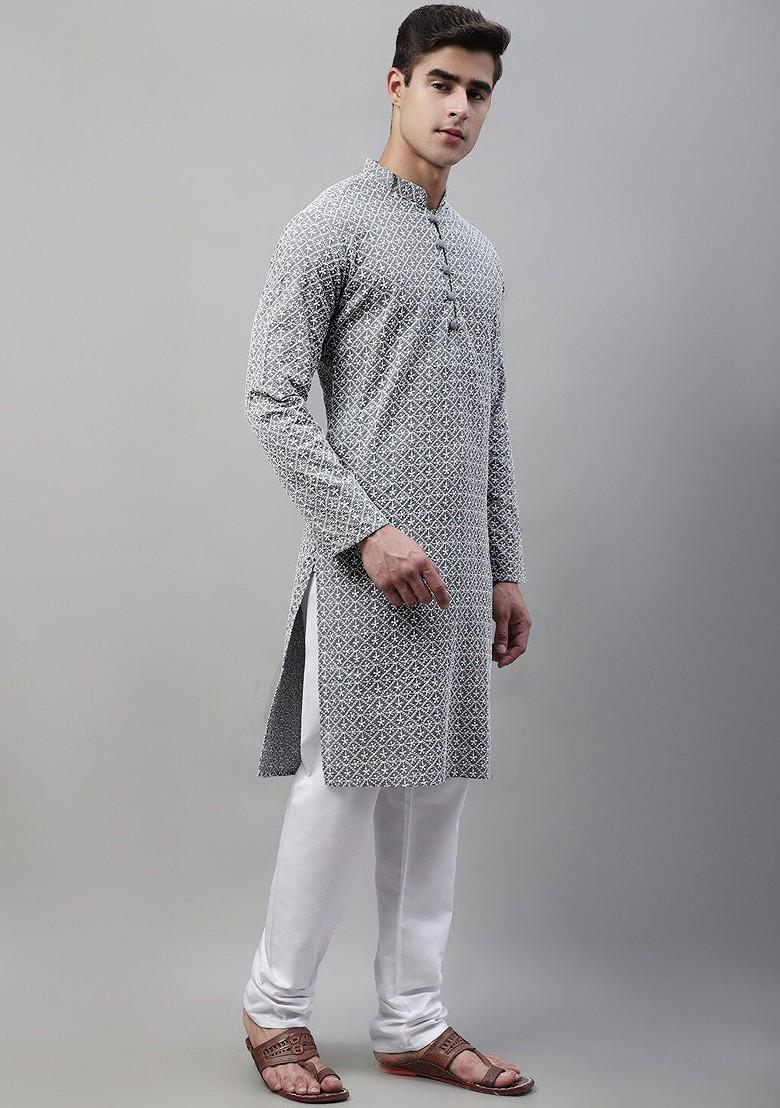 Grey Embroidered Poly Blend Kurta Set For Men