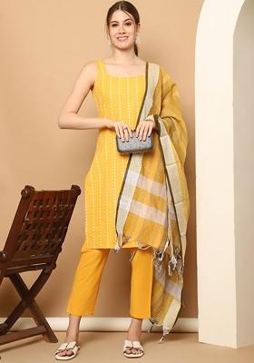 Yellow Woven Design Poly Blend Kurta Set For Men