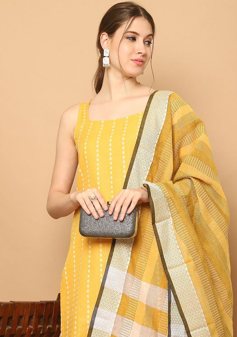 Yellow Woven Design Poly Blend Kurta Set For Men