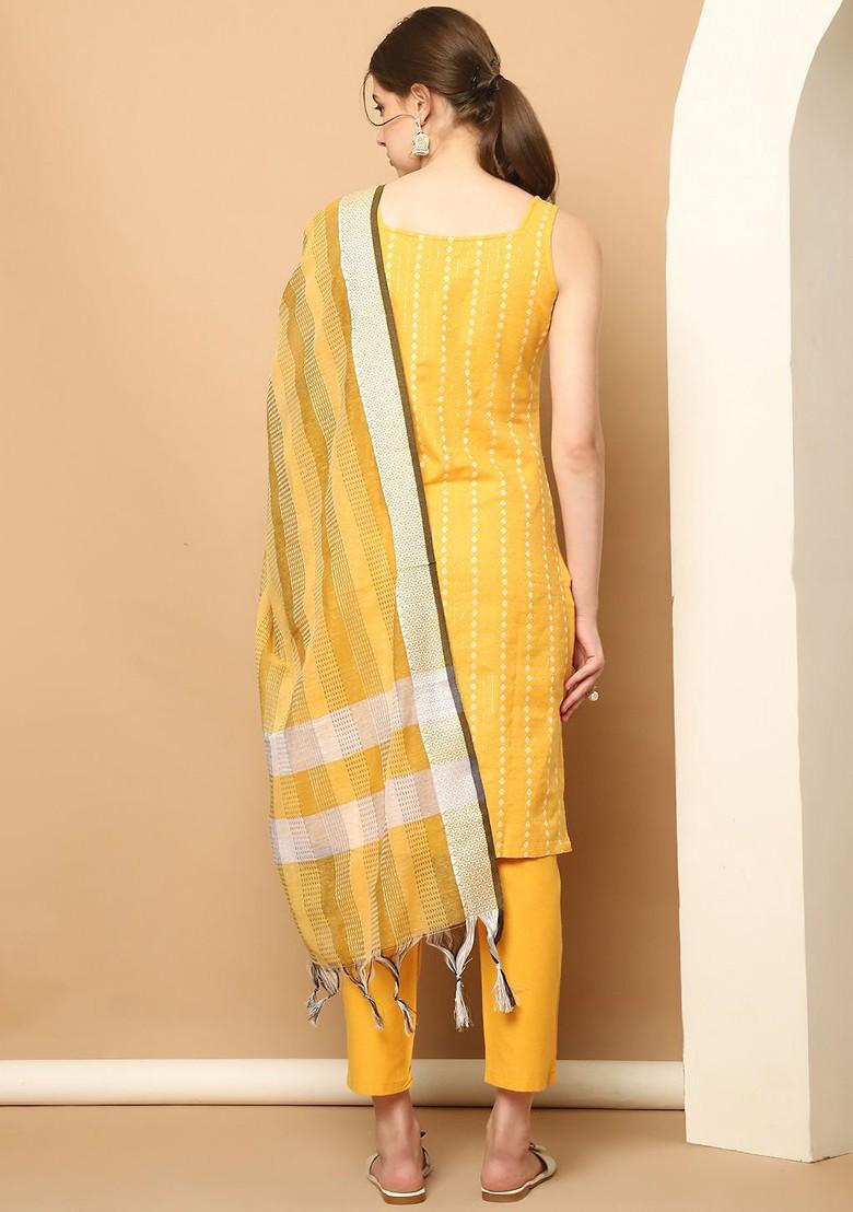 Yellow Woven Design Poly Blend Kurta Set For Men