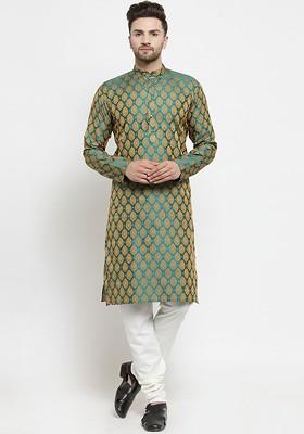 Green Woven Design Poly Blend Kurta Set For Men