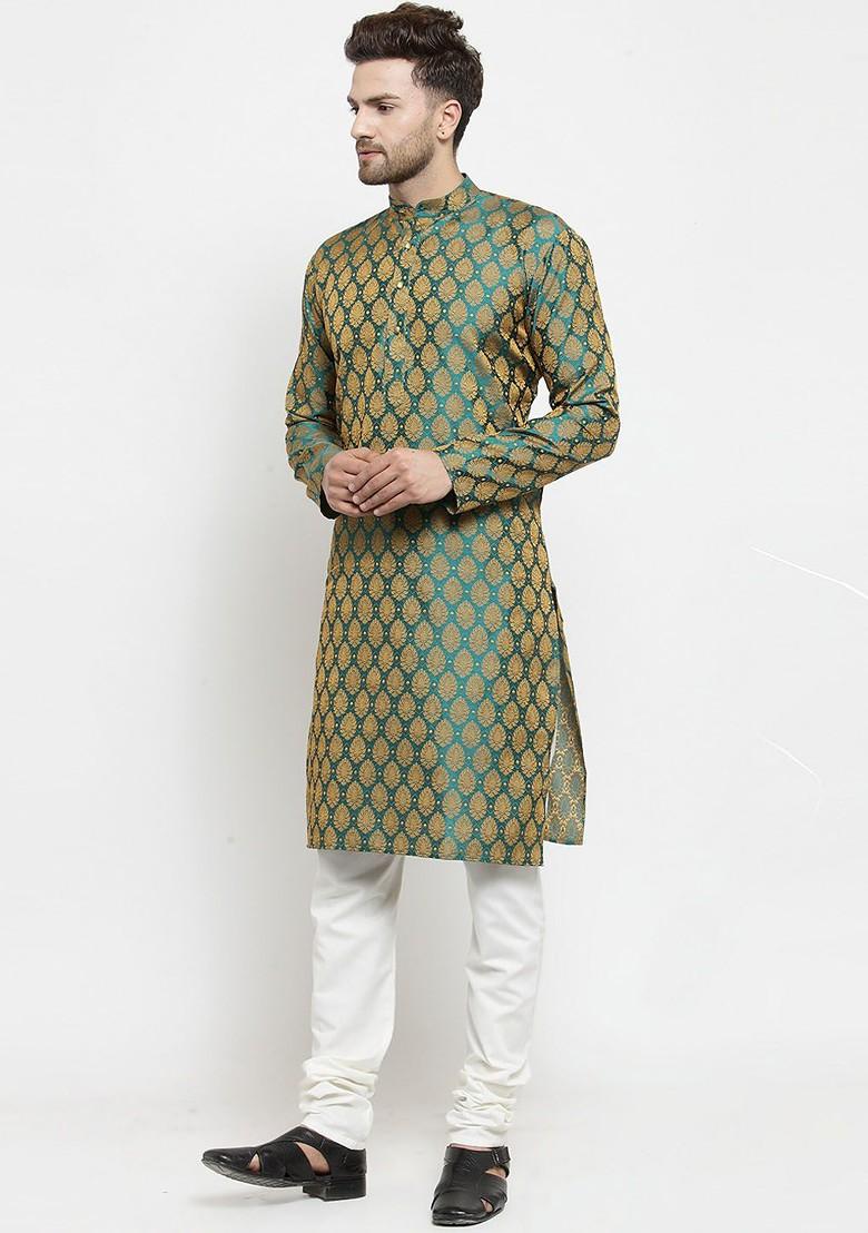 Green Woven Design Poly Blend Kurta Set For Men