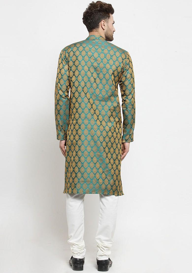 Green Woven Design Poly Blend Kurta Set For Men