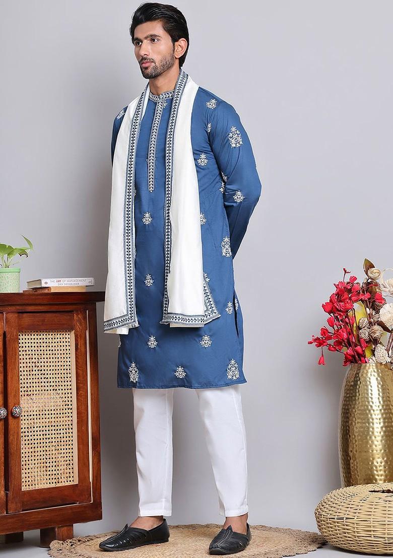 Blue Embroidered Poly Blend Kurta Set For Men