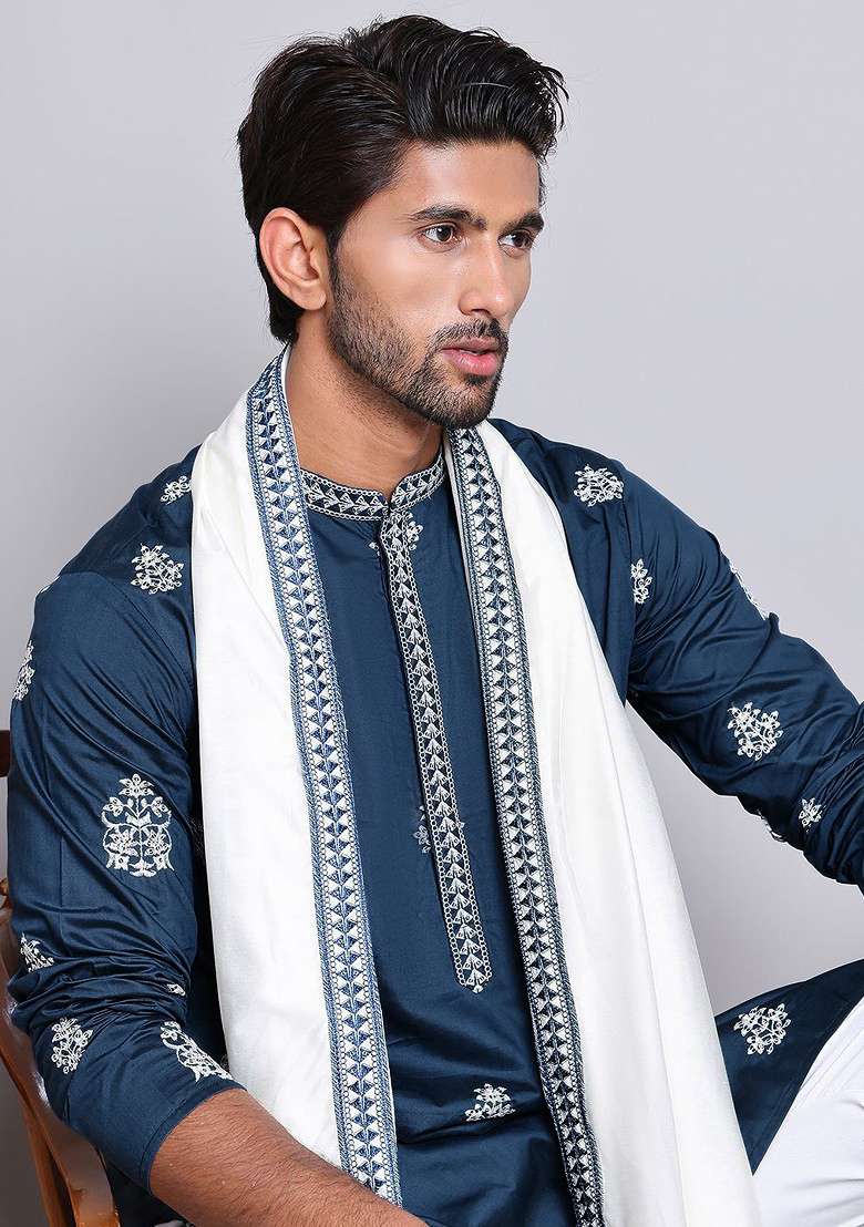 Blue Embroidered Poly Blend Kurta Set For Men - Indya