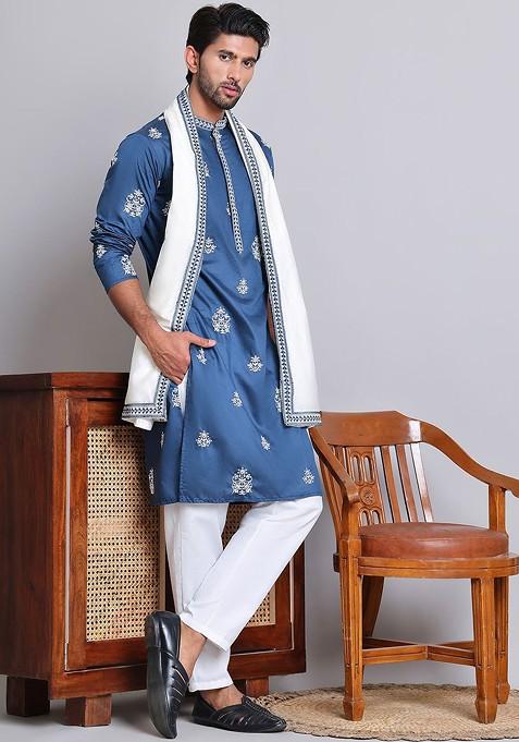 Blue Embroidered Poly Blend Kurta Set For Men