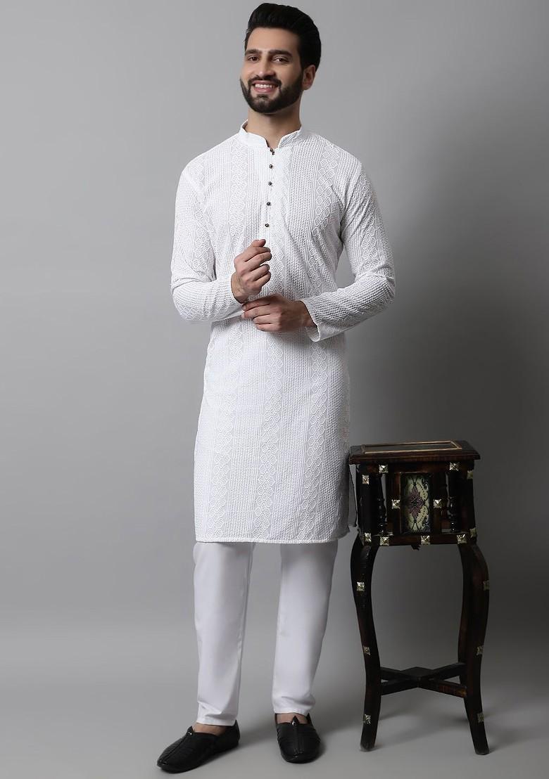 White Embroidered Poly Blend Kurta Set For Men