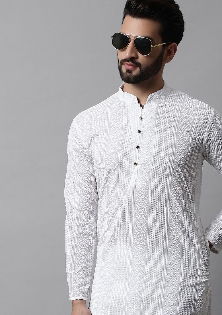 White Embroidered Poly Blend Kurta Set For Men