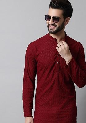Maroon Embroidered Poly Blend Kurta Set For Men