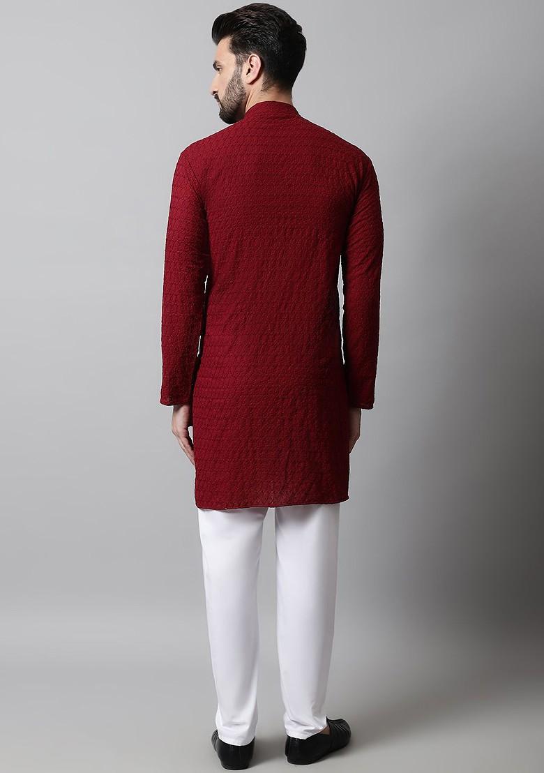 Maroon Embroidered Poly Blend Kurta Set For Men