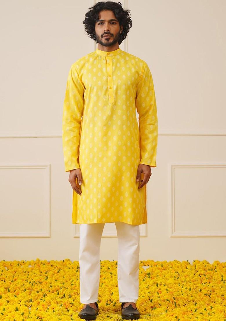 Yellow Printed Poly Blend Kurta Set For Men