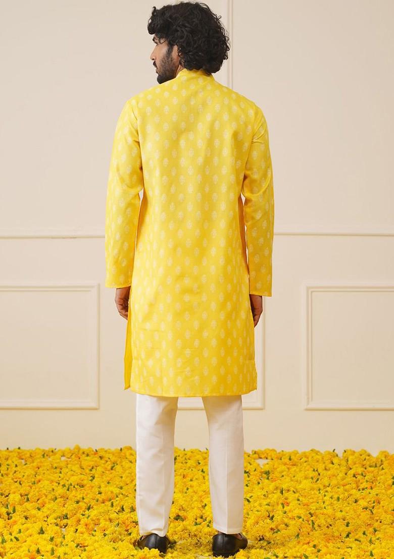Yellow Printed Poly Blend Kurta Set For Men