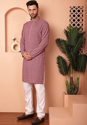 Mauve Embroidered Poly Blend Kurta Set For Men