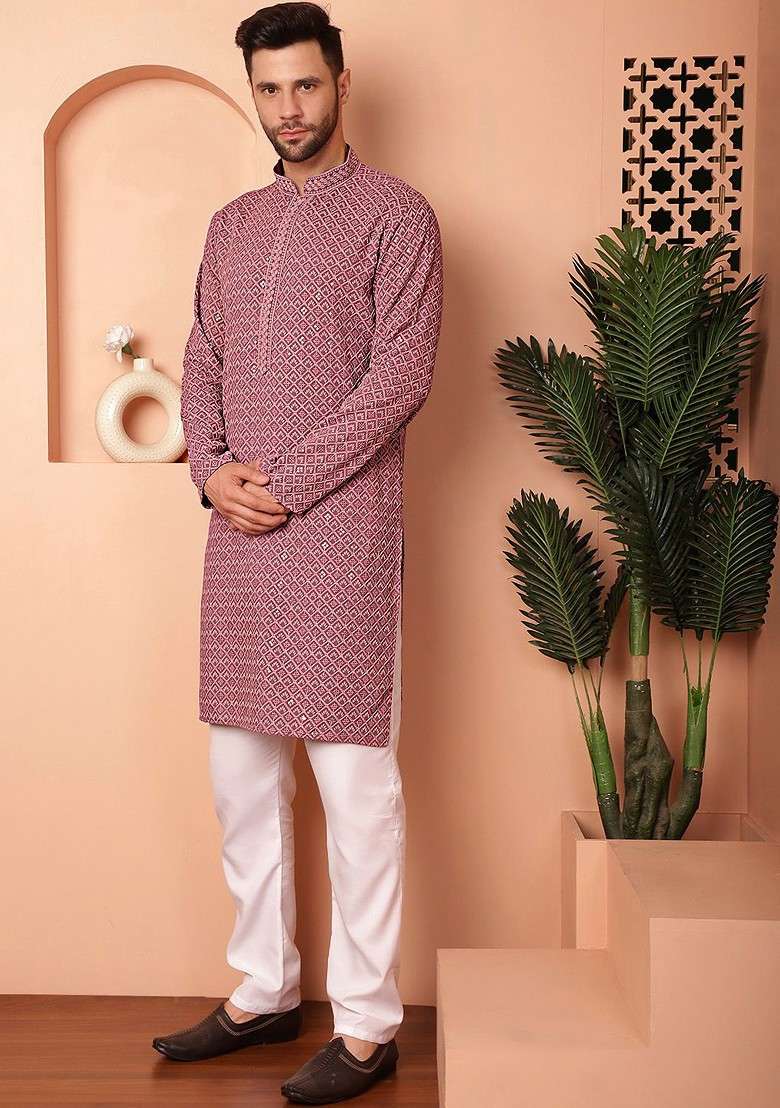 Mauve Embroidered Poly Blend Kurta Set For Men - Indya