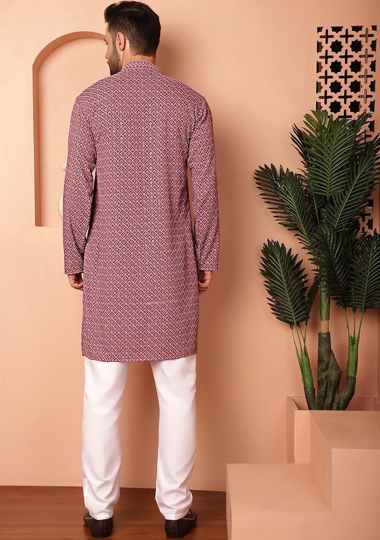 Mauve Embroidered Poly Blend Kurta Set For Men