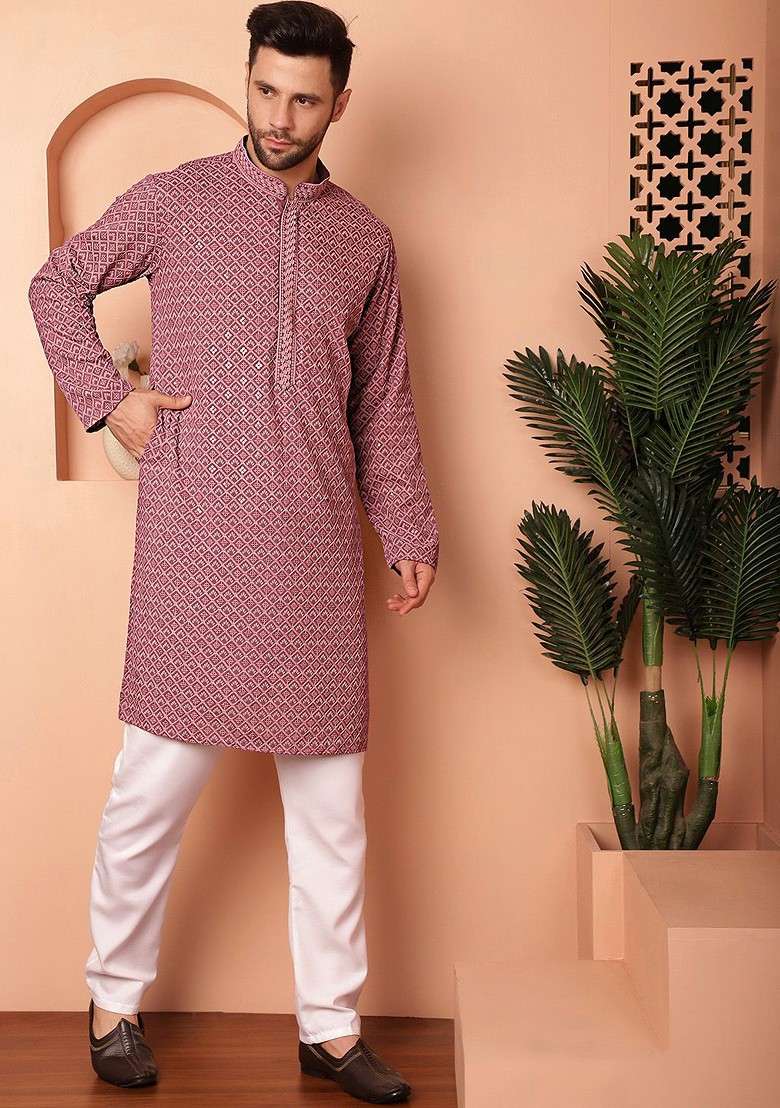 Mauve Embroidered Poly Blend Kurta Set For Men - Indya