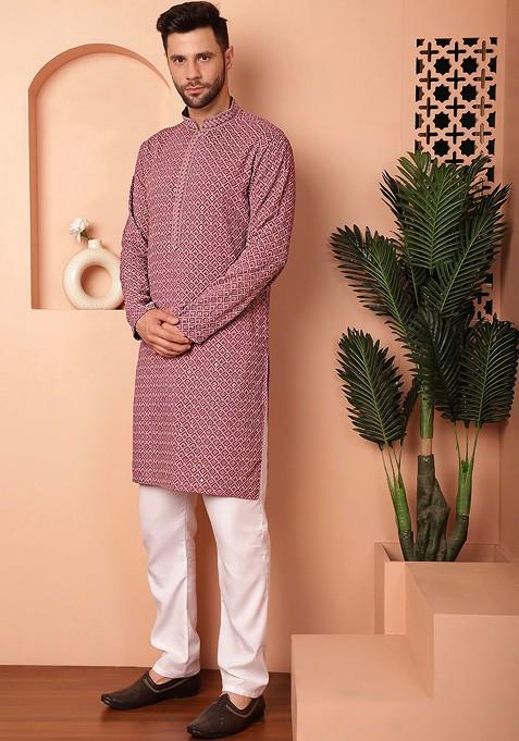 Mauve Embroidered Poly Blend Kurta Set For Men — view on Indya