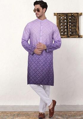 Purple Printed Poly Blend Kurta Set For Men