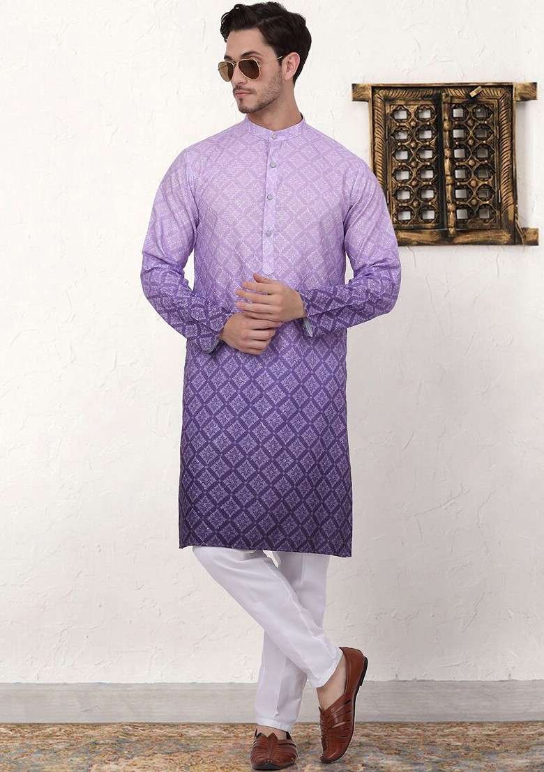 Purple Printed Poly Blend Kurta Set For Men - Indya