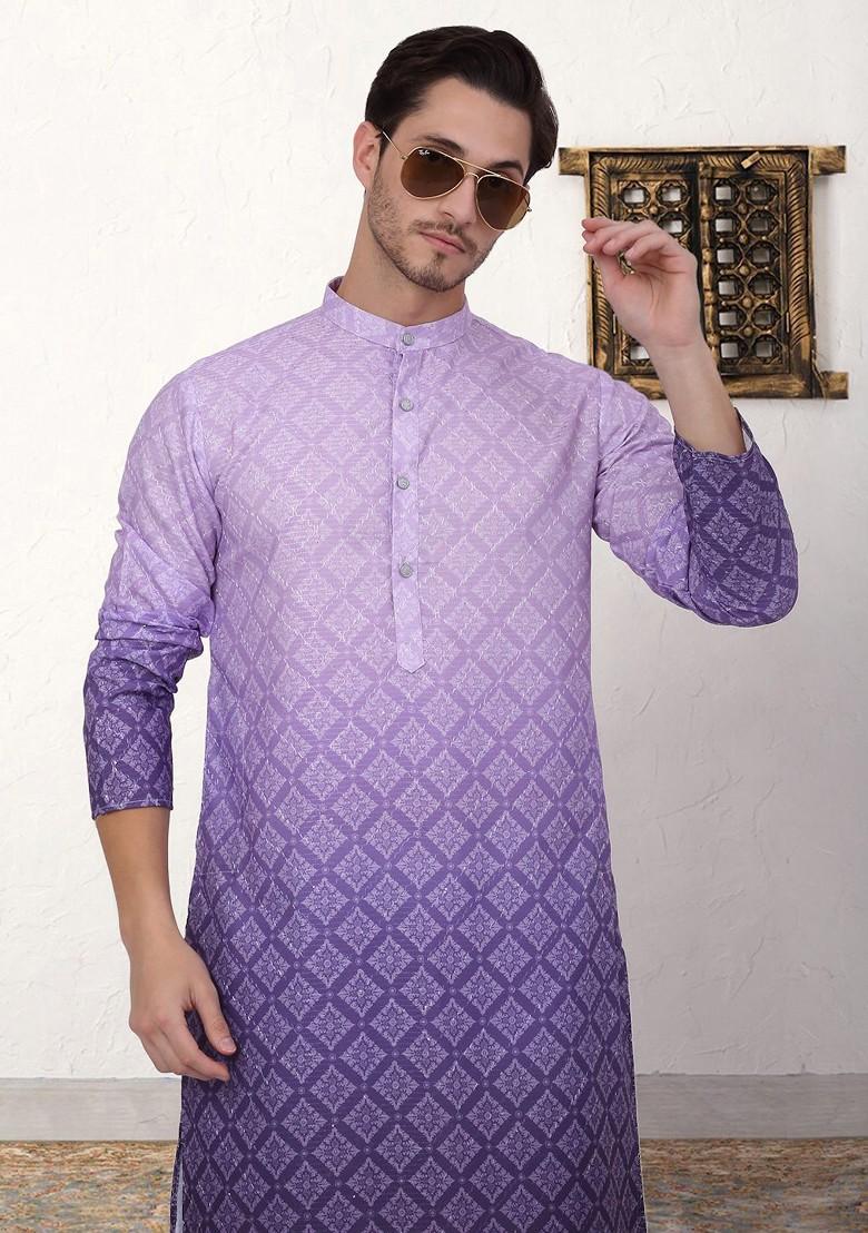 Purple Printed Poly Blend Kurta Set For Men