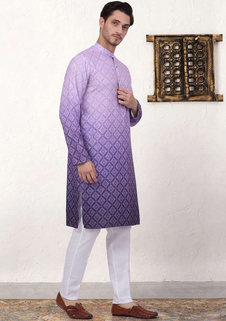 Purple Printed Poly Blend Kurta Set For Men - Indya