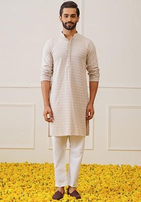 Beige Embroidered Poly Blend Kurta Set For Men