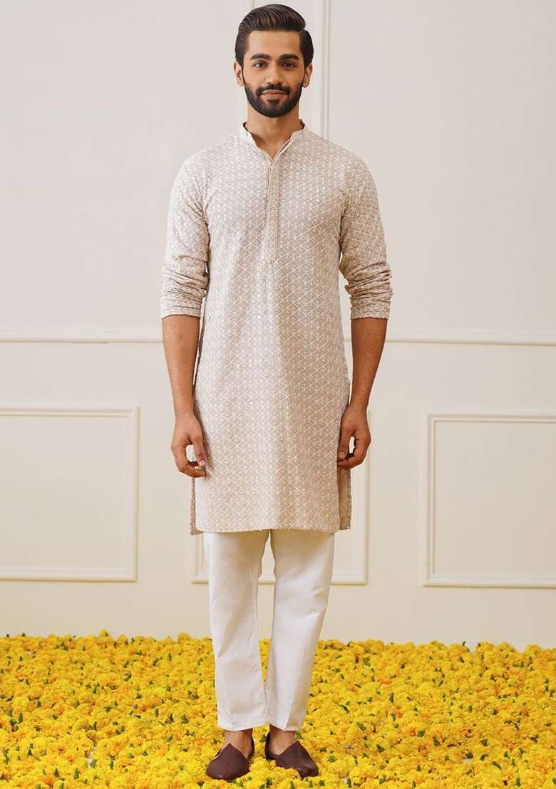 Beige Embroidered Poly Blend Kurta Set For Men - Indya