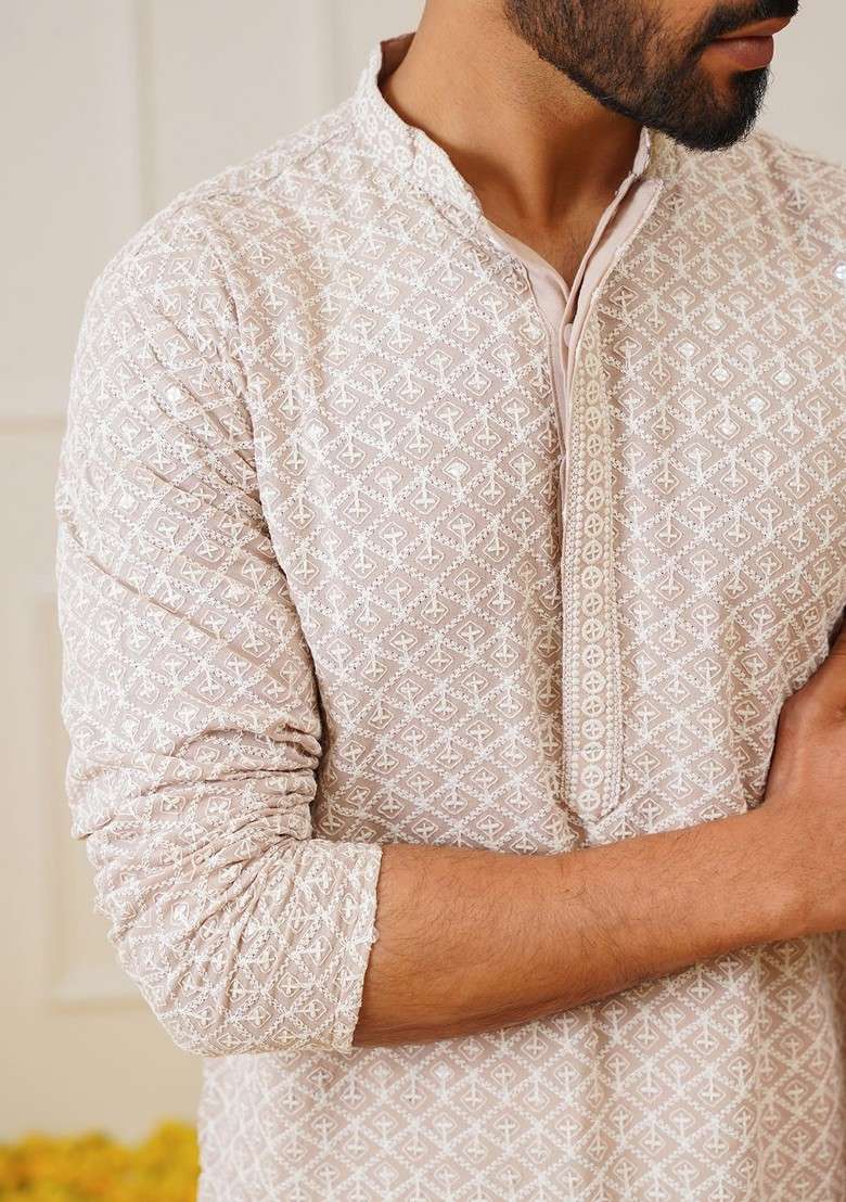 Beige Embroidered Poly Blend Kurta Set For Men - Indya