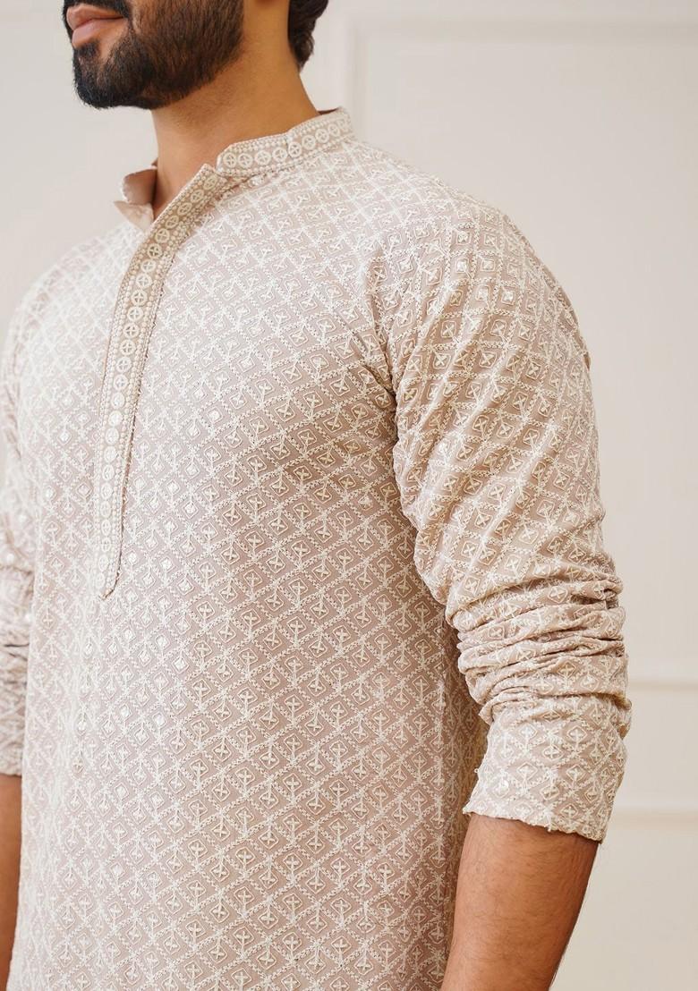 Beige Embroidered Poly Blend Kurta Set For Men