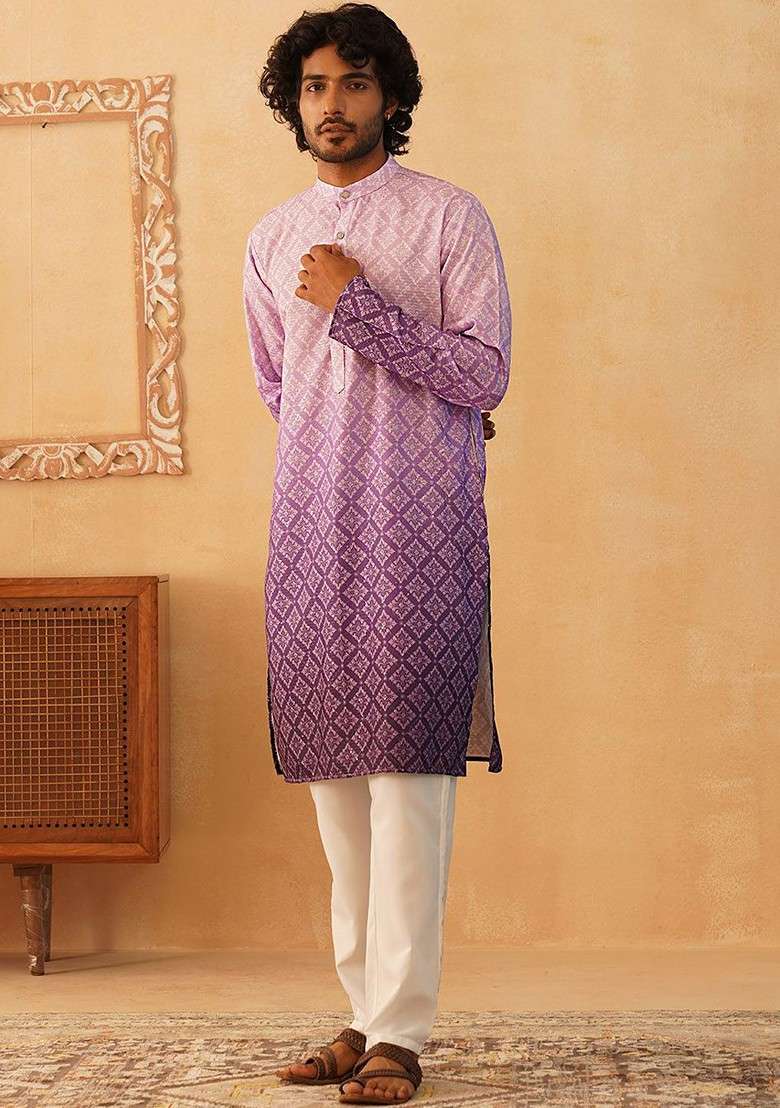 Purple Printed Poly Blend Kurta Set For Men - Indya