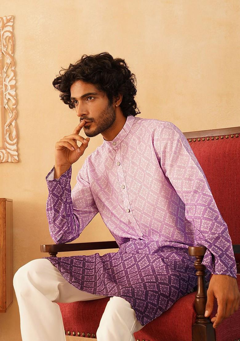 Purple Printed Poly Blend Kurta Set For Men