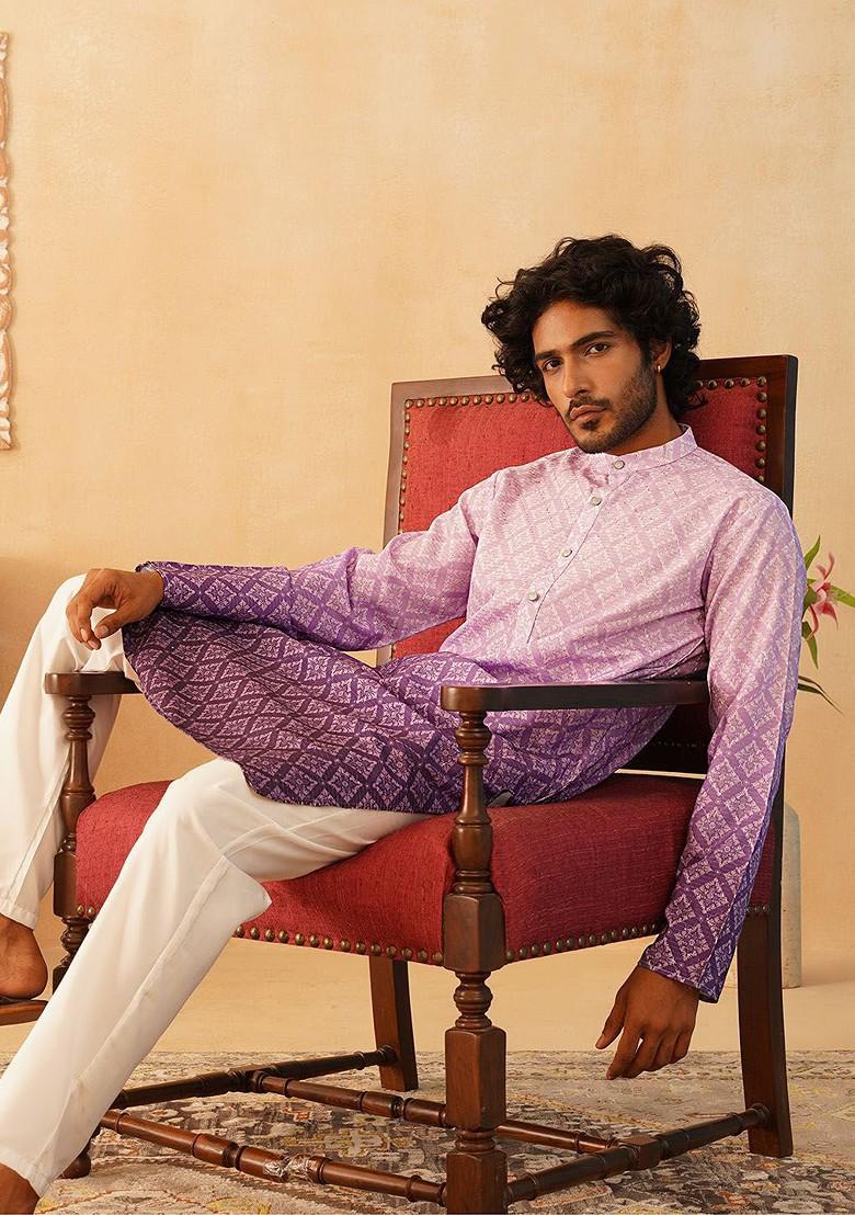 Purple Printed Poly Blend Kurta Set For Men