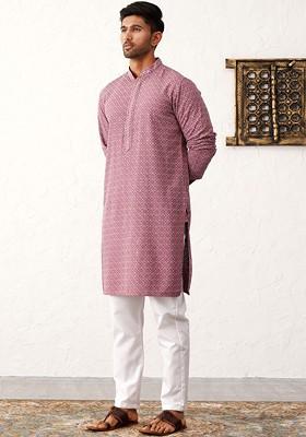 Mauve Embroidered Poly Blend Kurta Set For Men