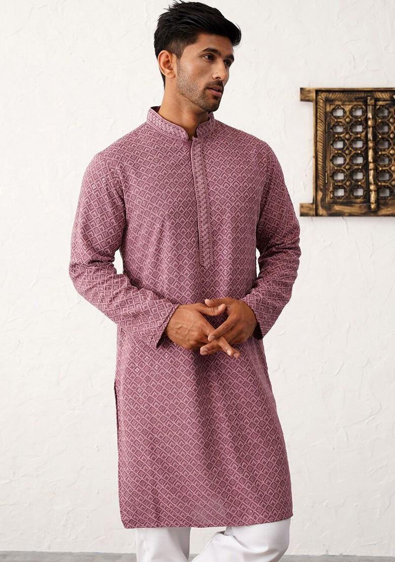 Mauve Embroidered Poly Blend Kurta Set For Men