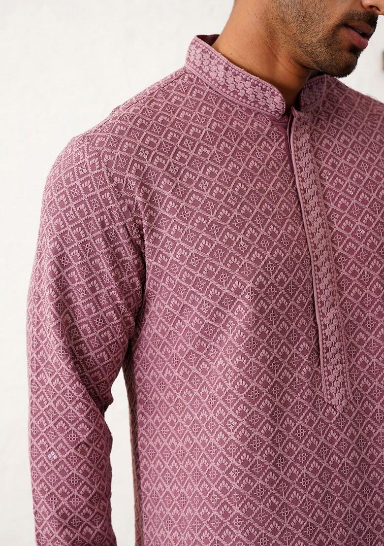 Mauve Embroidered Poly Blend Kurta Set For Men