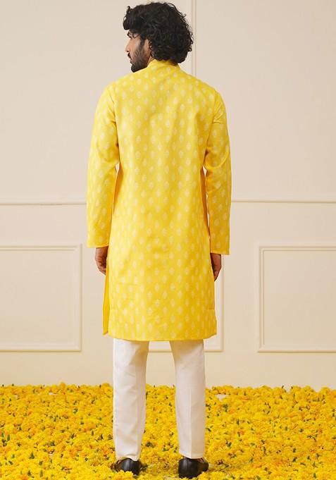 Yellow Printed Poly Blend Kurta Set For Men