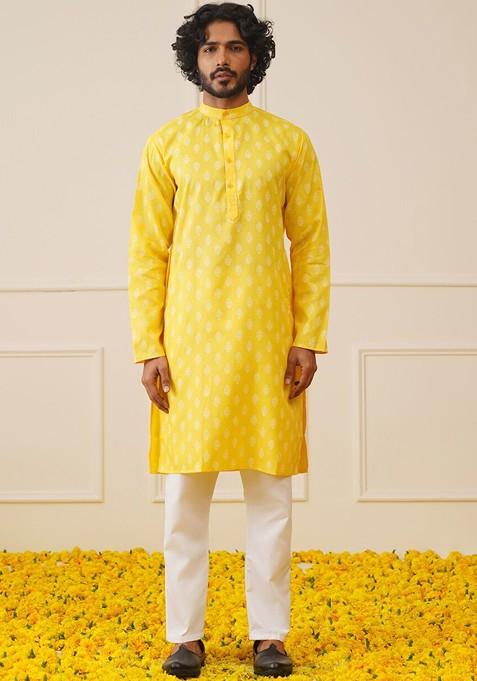 Yellow Printed Poly Blend Kurta Set For Men