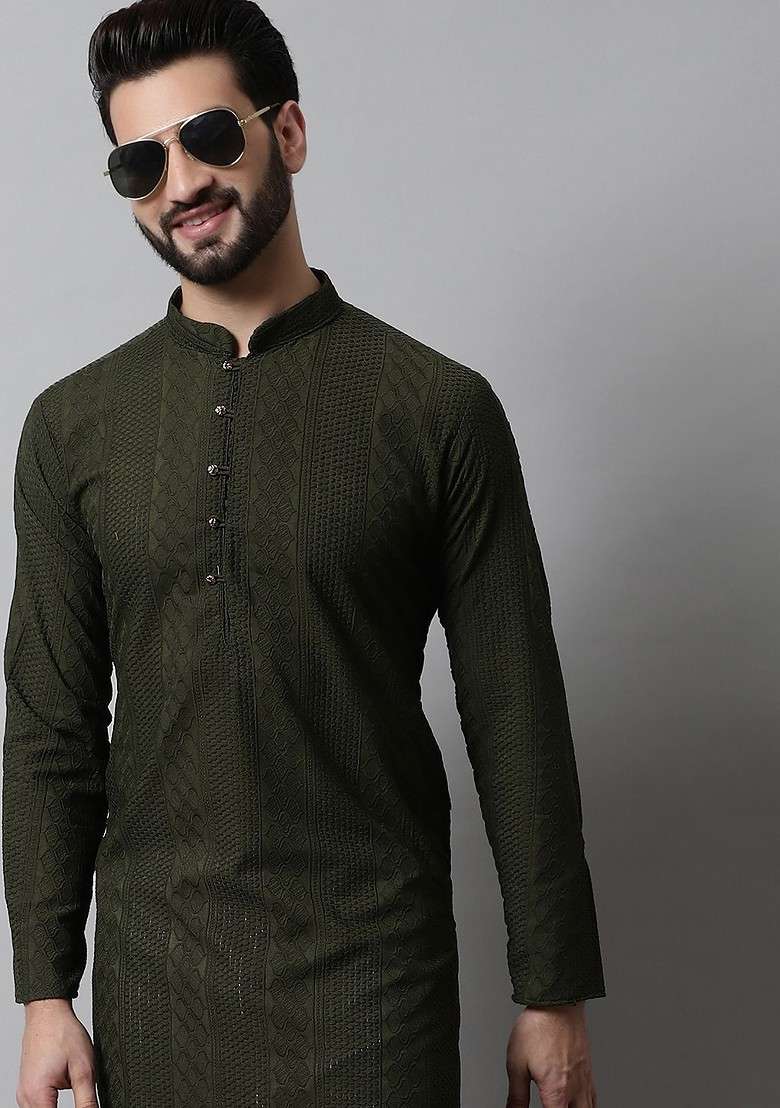 Olive Embroidered Poly Blend Kurta Set For Men - Indya