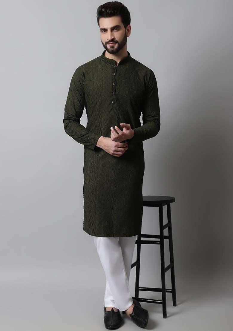 Olive Embroidered Poly Blend Kurta Set For Men - Indya