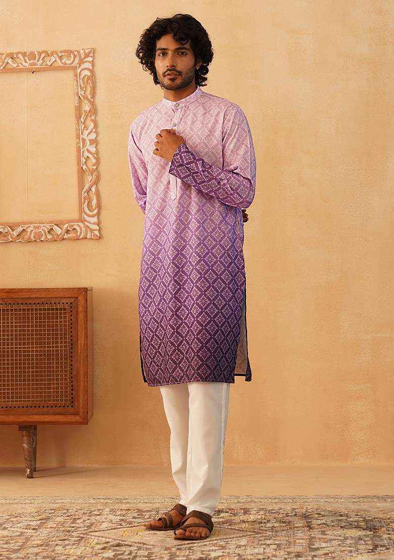 Purple Printed Poly Blend Kurta Set For Men - Indya