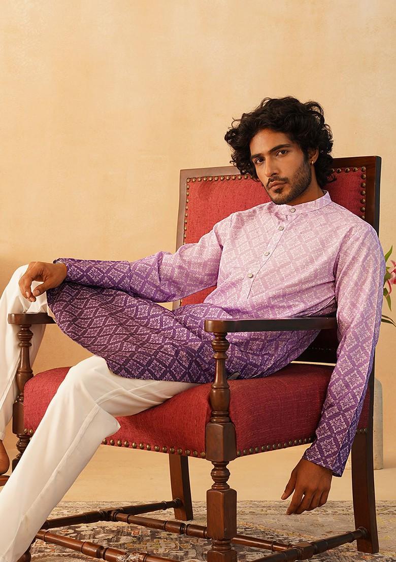 Purple Printed Poly Blend Kurta Set For Men
