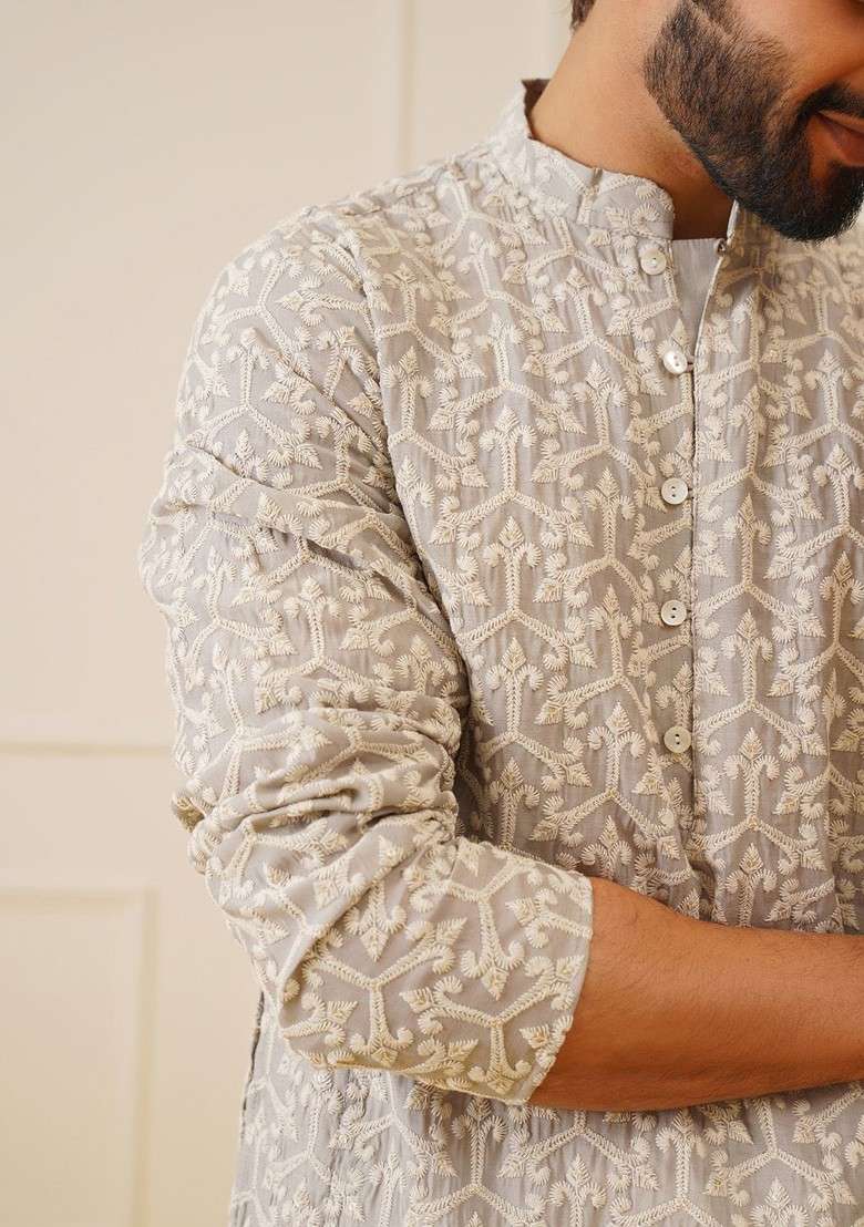 Grey Embroidered Poly Blend Kurta Set For Men - Indya