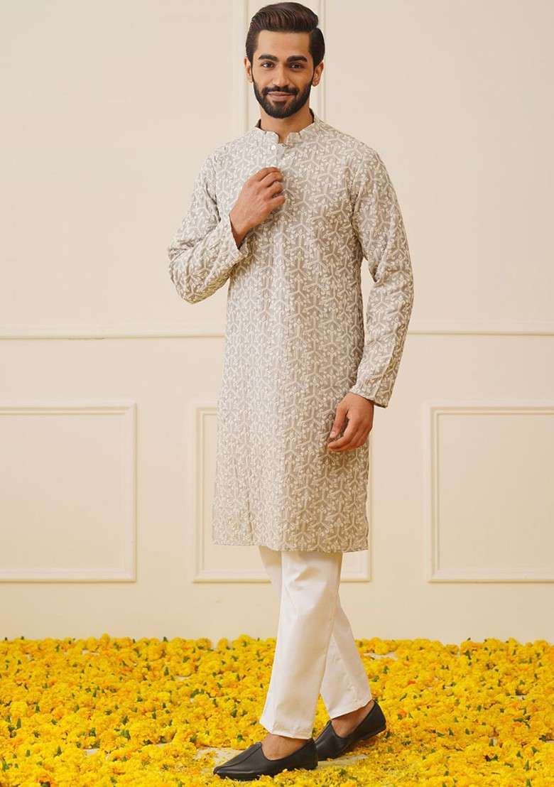 Grey Embroidered Poly Blend Kurta Set For Men - Indya