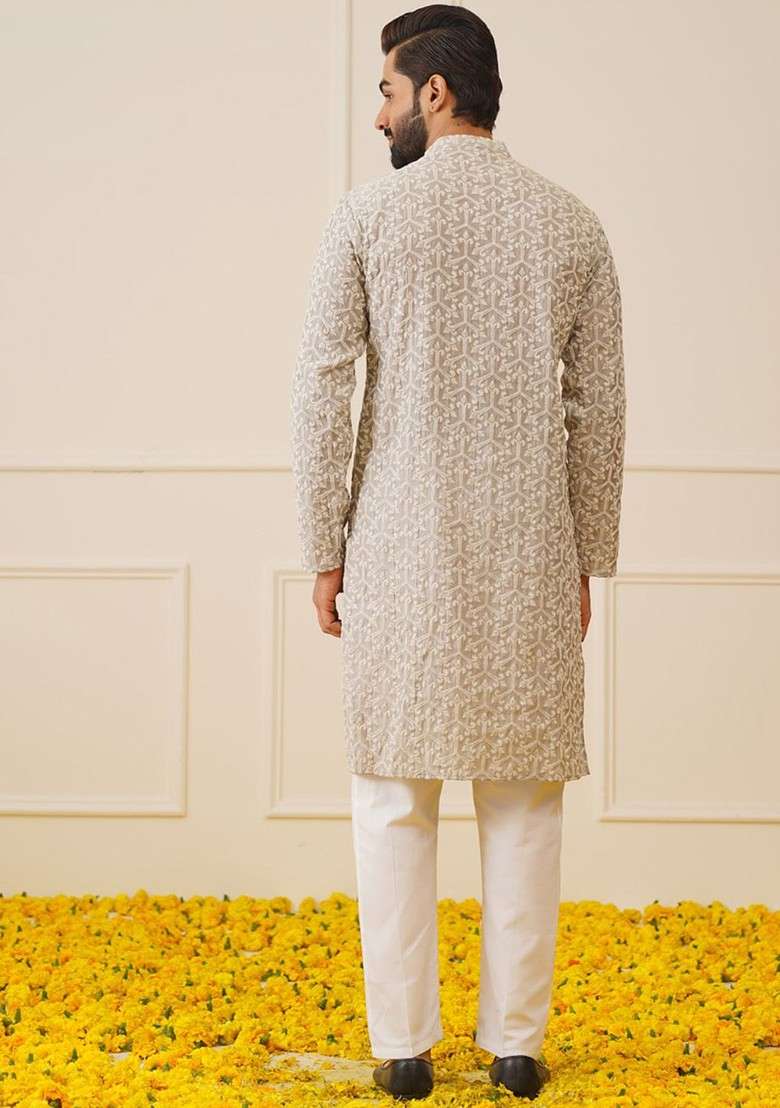 Grey Embroidered Poly Blend Kurta Set For Men - Indya