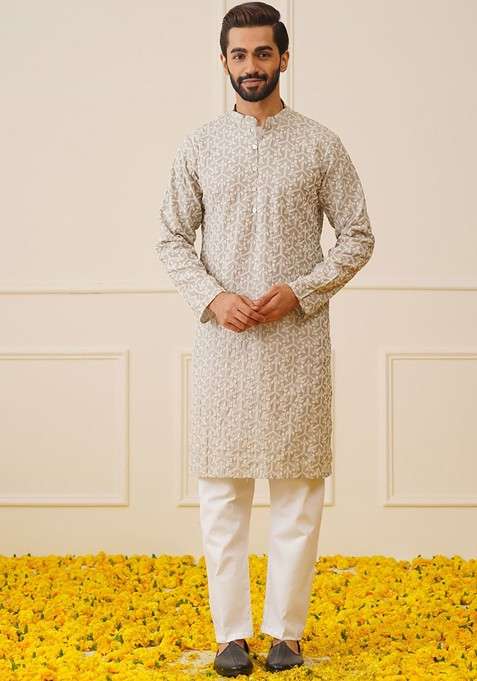 Grey Embroidered Poly Blend Kurta Set For Men